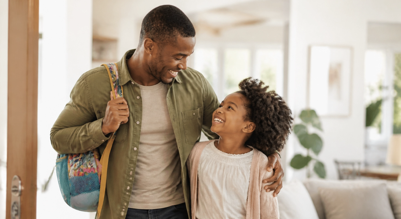 A black father and daughter arriving home after school, smiling together in a sun-drenched living room.