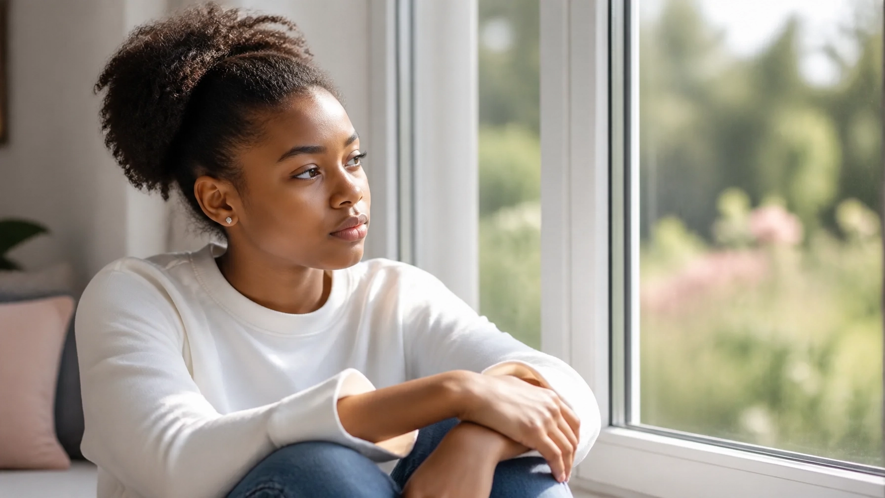 A black teenage girl looking thoughtfully out a window with soft natural light.