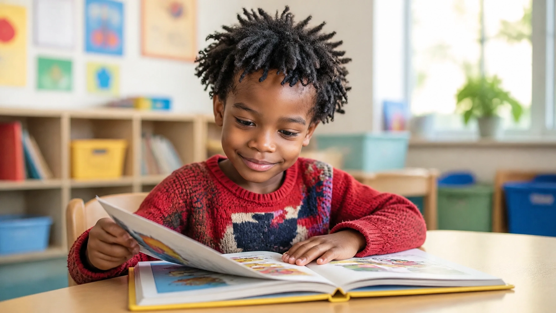 A young black preschool boy sitting at a wooden table in a bright, airy classroom, curiously examining a colorful picture book under soft natural light.