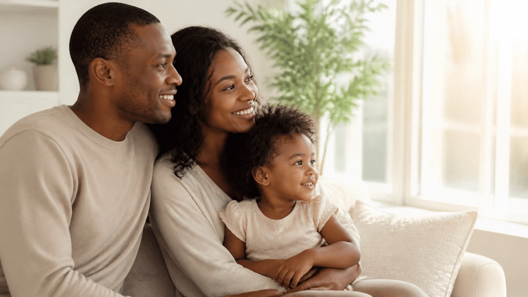 Happy black family sitting together at home representing emotional wellness, safe communities, and strong family support for black child development