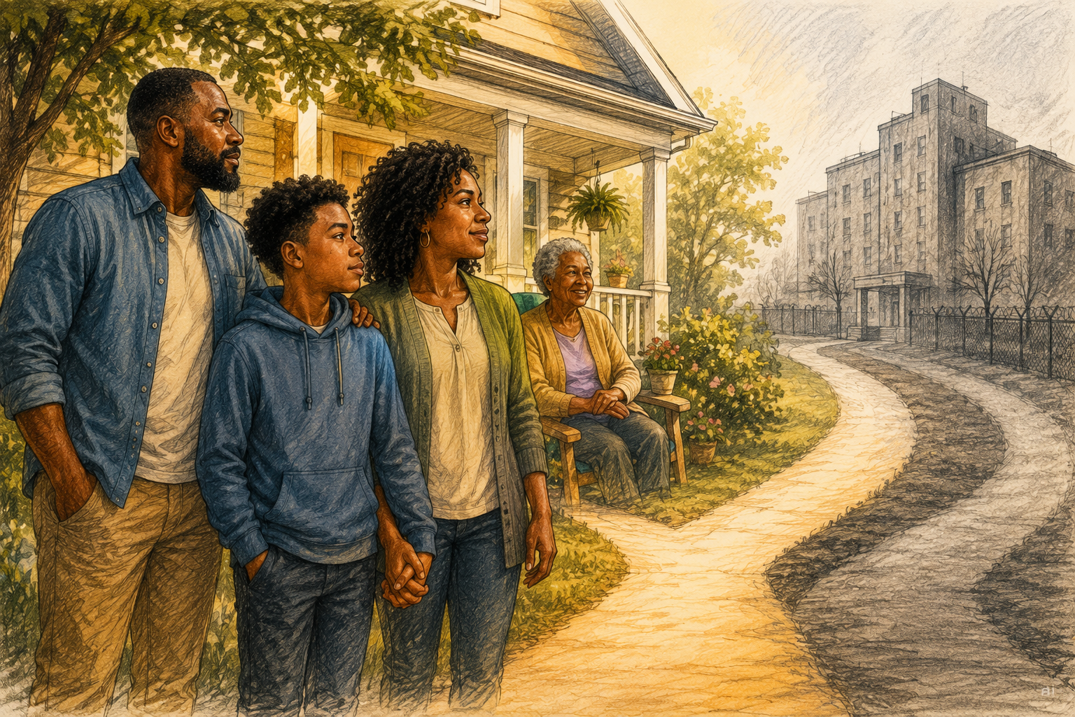 Illustrated editorial artwork of a multigenerational black family standing together outside their home as a path symbolizes the choice between community-based care and institutional care for a loved one with a disability.