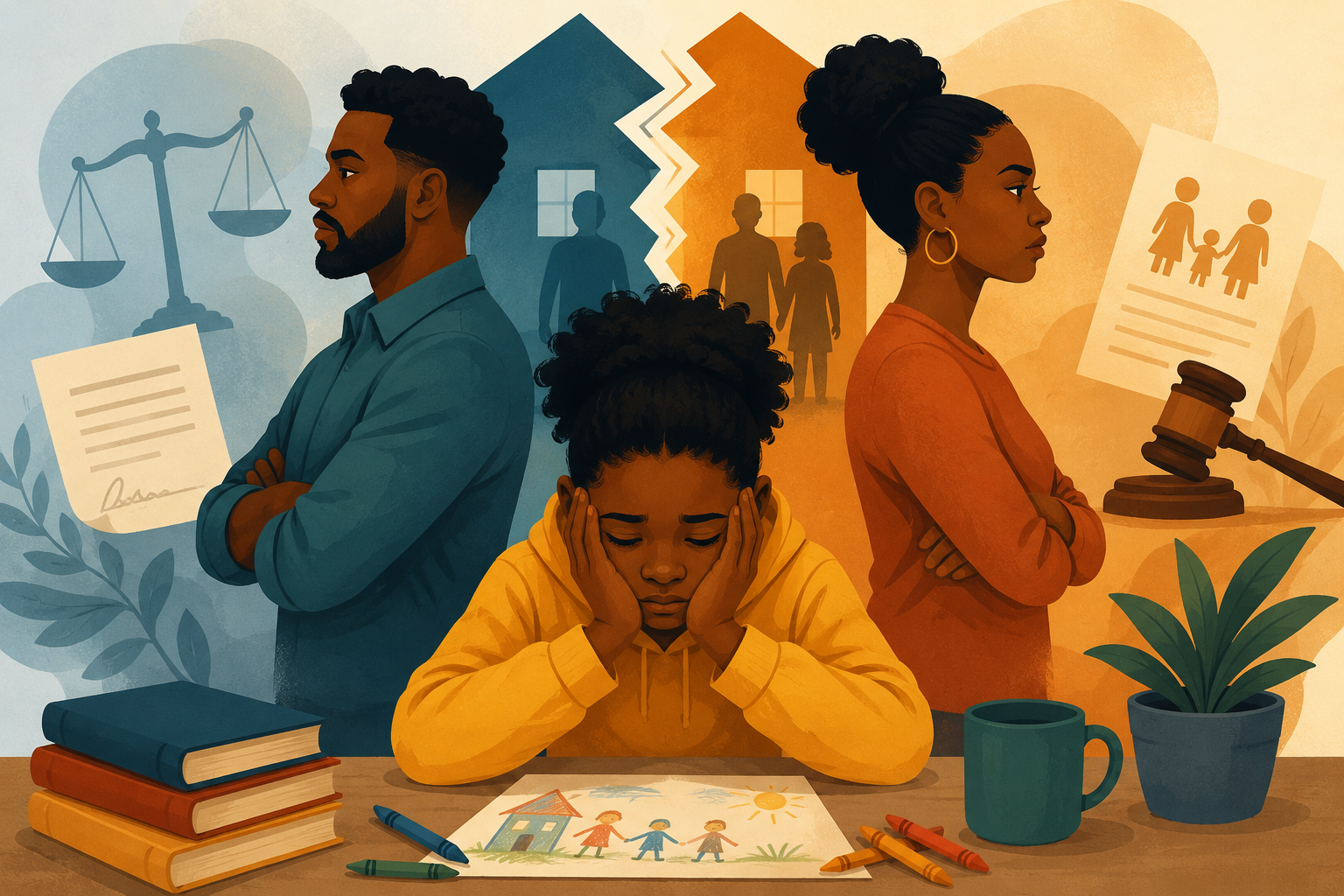 Editorial illustration showing a black child sitting between separated parents during a family legal dispute. The parents stand back-to-back on opposite sides of the image, surrounded by symbols of family court, custody documents, and justice scales. The child appears worried while looking down at a drawing of a happy family, highlighting the emotional impact legal conflicts can have on children's wellbeing and family stabilit