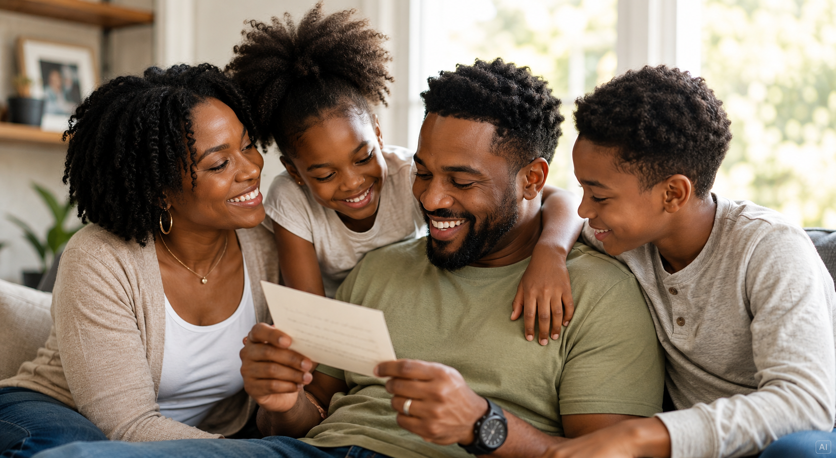 African american father reading a handwritten letter from his children while spending quality time with his family in a bright living room for an article about what black dads really want this father's day.