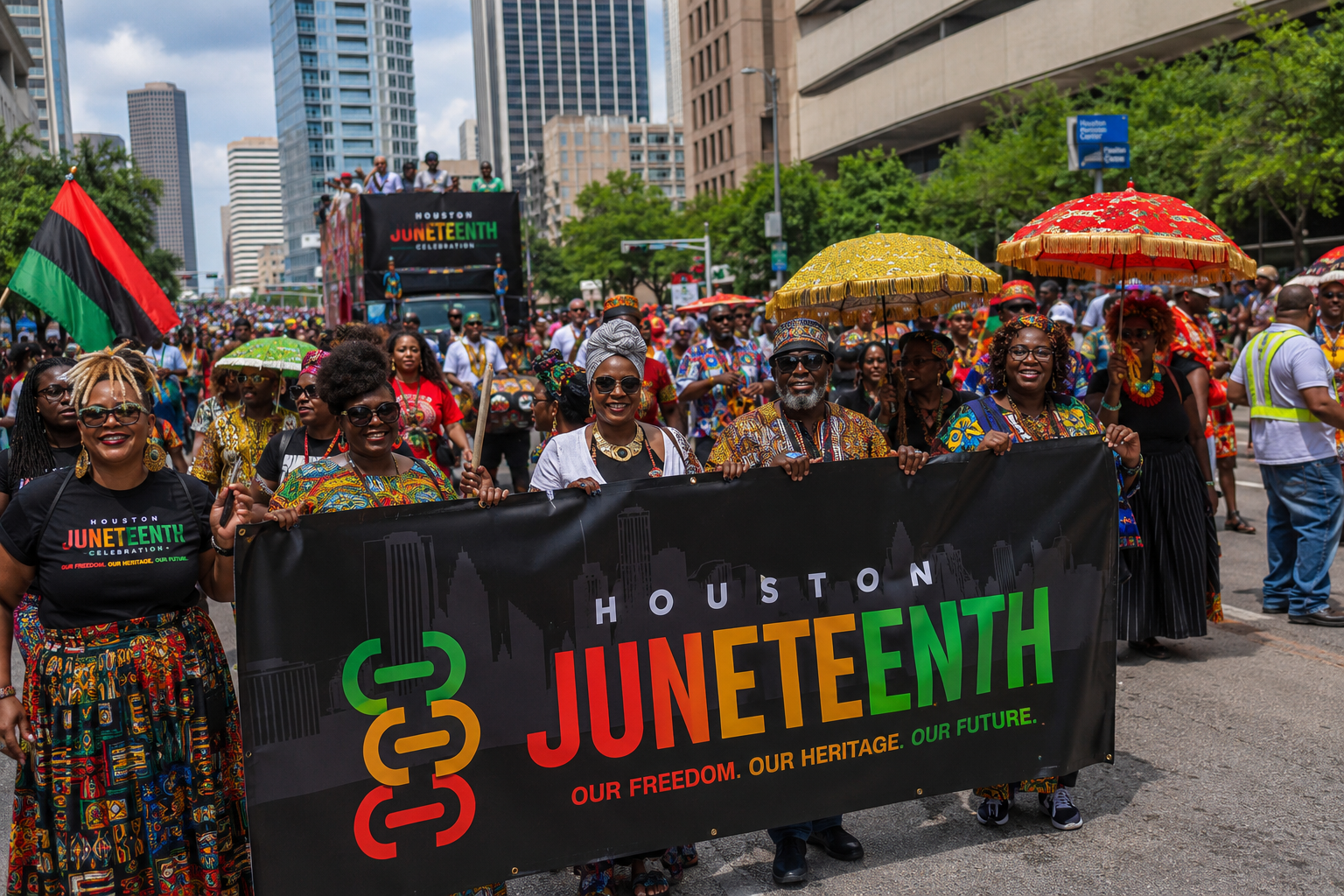 Houston juneteenth parade celebrating black joy and juneteenth 2026 with families marching in colorful cultural attire honoring black freedom and heritage