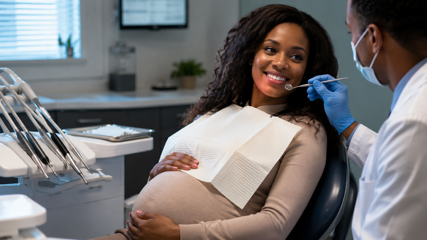 Pregnancy and dental health, a pregnant mother smiling during a dental checkup while discussing oral health and pregnancy gingivitis prevention