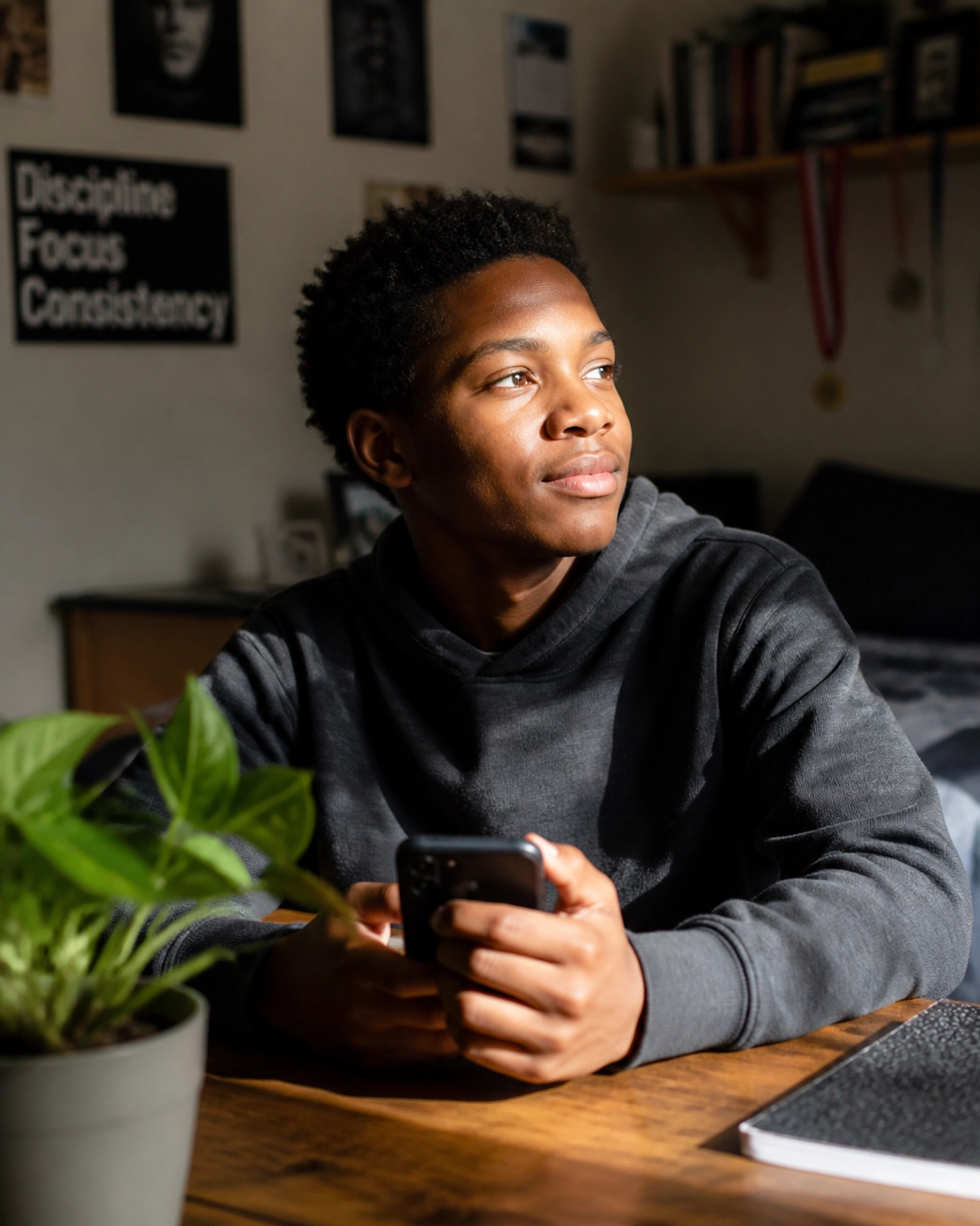 Teen boy holding phone and looking thoughtfully into the distance