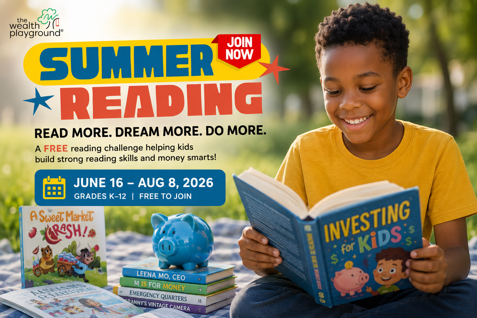Child participating in a summer reading challenge for kids while learning financial literacy, budgeting, saving, investing, and money management through books.