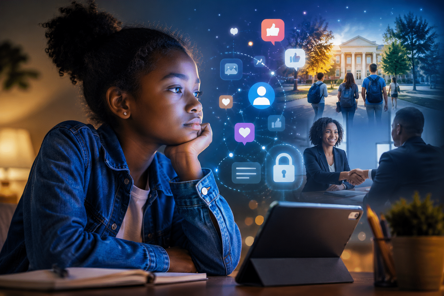 Black girl considering her child digital footprint and online privacy, with social media activity leading toward future college and career opportunities.