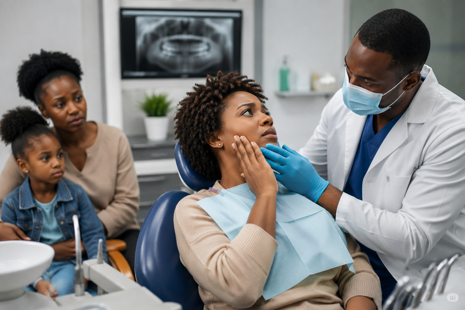 Emergency dentist in livingston examining a black mother with severe tooth pain while her child waits nearby during an emergency dental visit in a modern dental office.