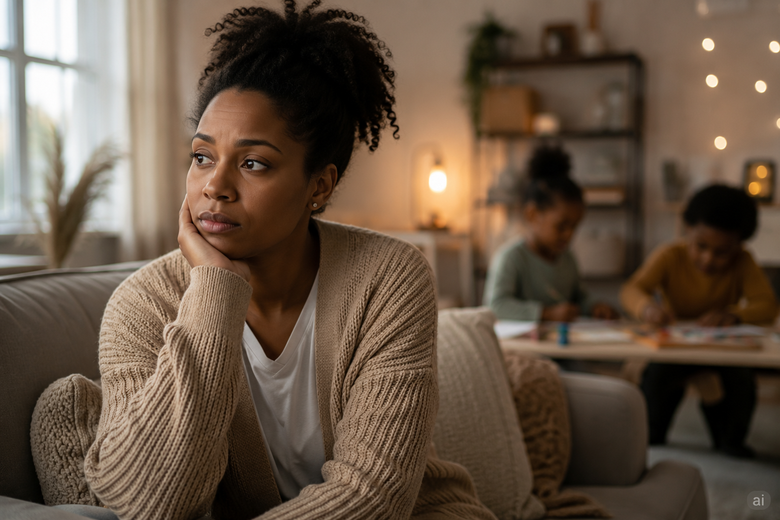 Black parent experiencing depression while children play nearby, illustrating the small emotional shifts that can make depression harder to escape for parents and the importance of family mental health support.