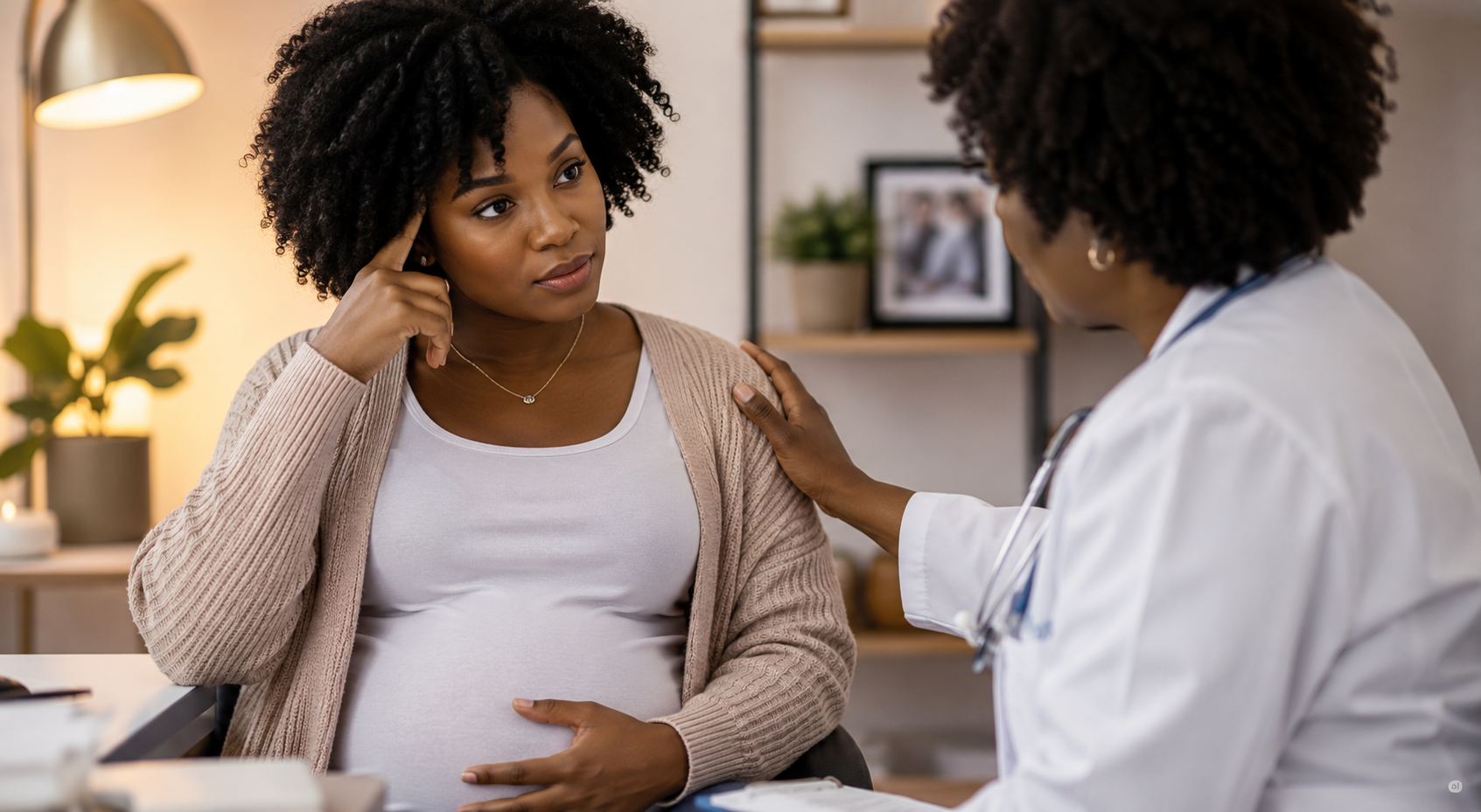 Pregnant black mother speaking with a compassionate healthcare provider during a prenatal appointment, highlighting america's f on maternal mental health and the importance of quality care for black moms.