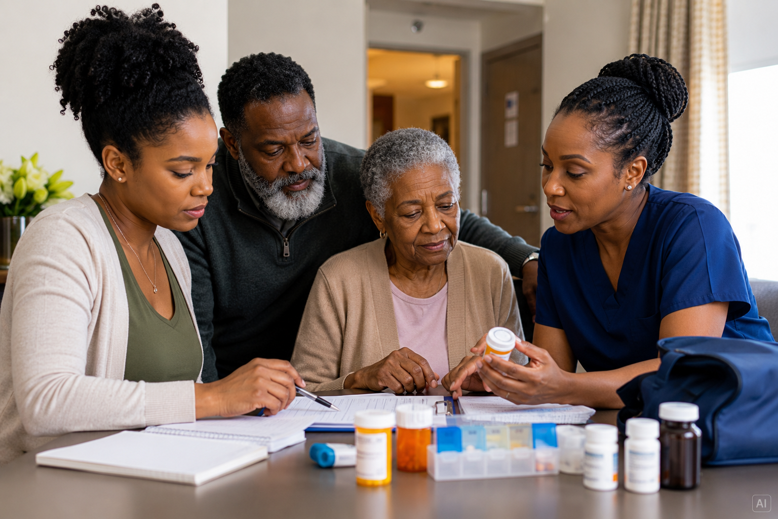 Black family reviewing a medication checklist for families before leaving a nursing home to prevent medication errors and ensure a safe discharge home.