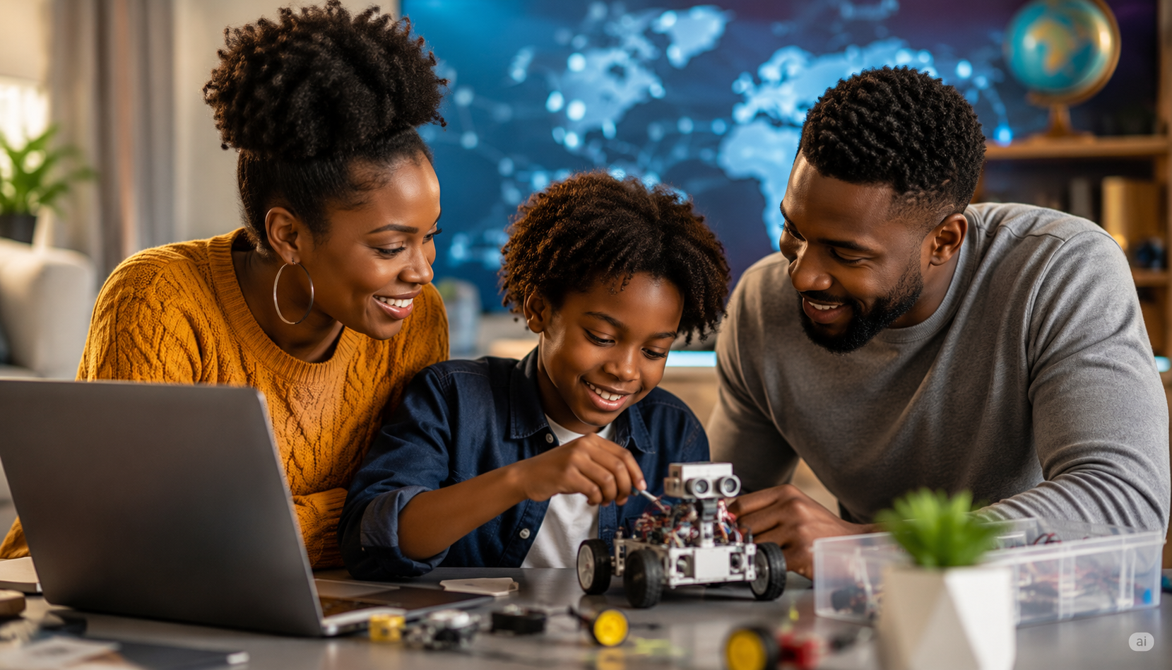 Black parent helping their child explore robotics, coding, and creative problem solving while preparing for future jobs in an ai-powered world.
