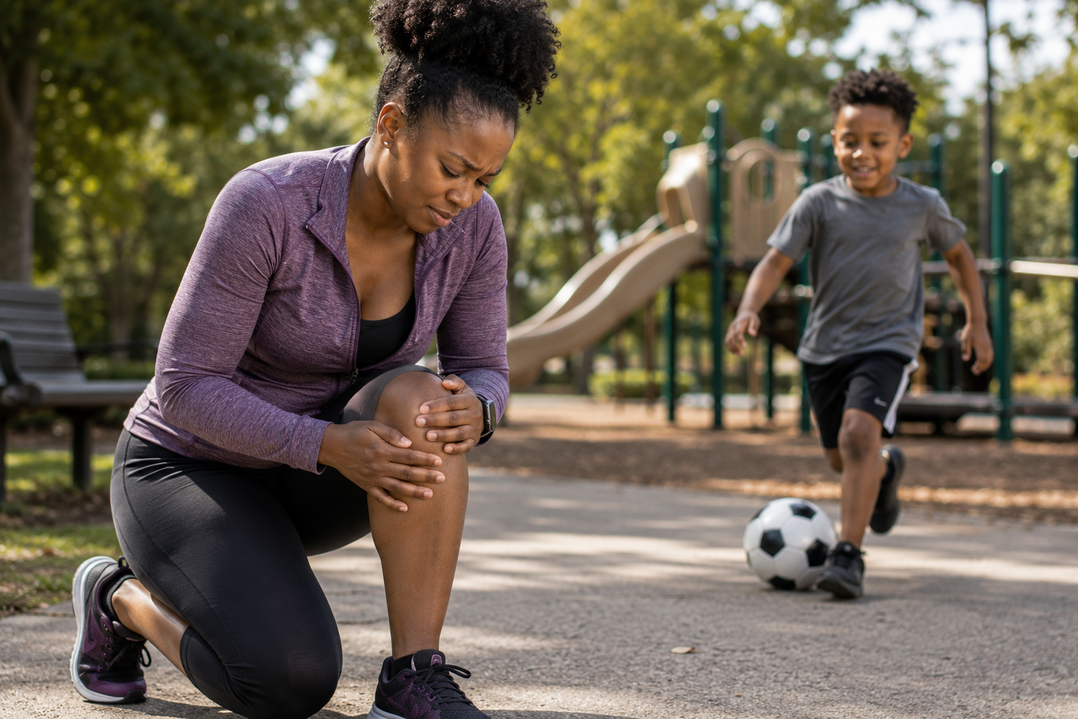 African american parent with chronic knee and joint pain smiles while spending quality time with energetic children outdoors, demonstrating active parenting despite mobility challenges.