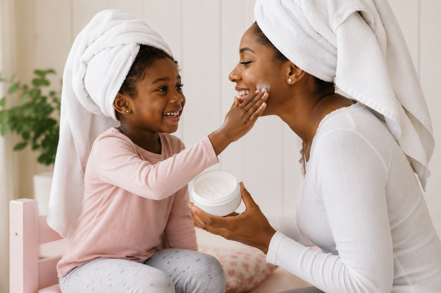 African american mother and daughter enjoy a self-care moment while refreshing your skincare routine together by applying facial moisturizer at home.