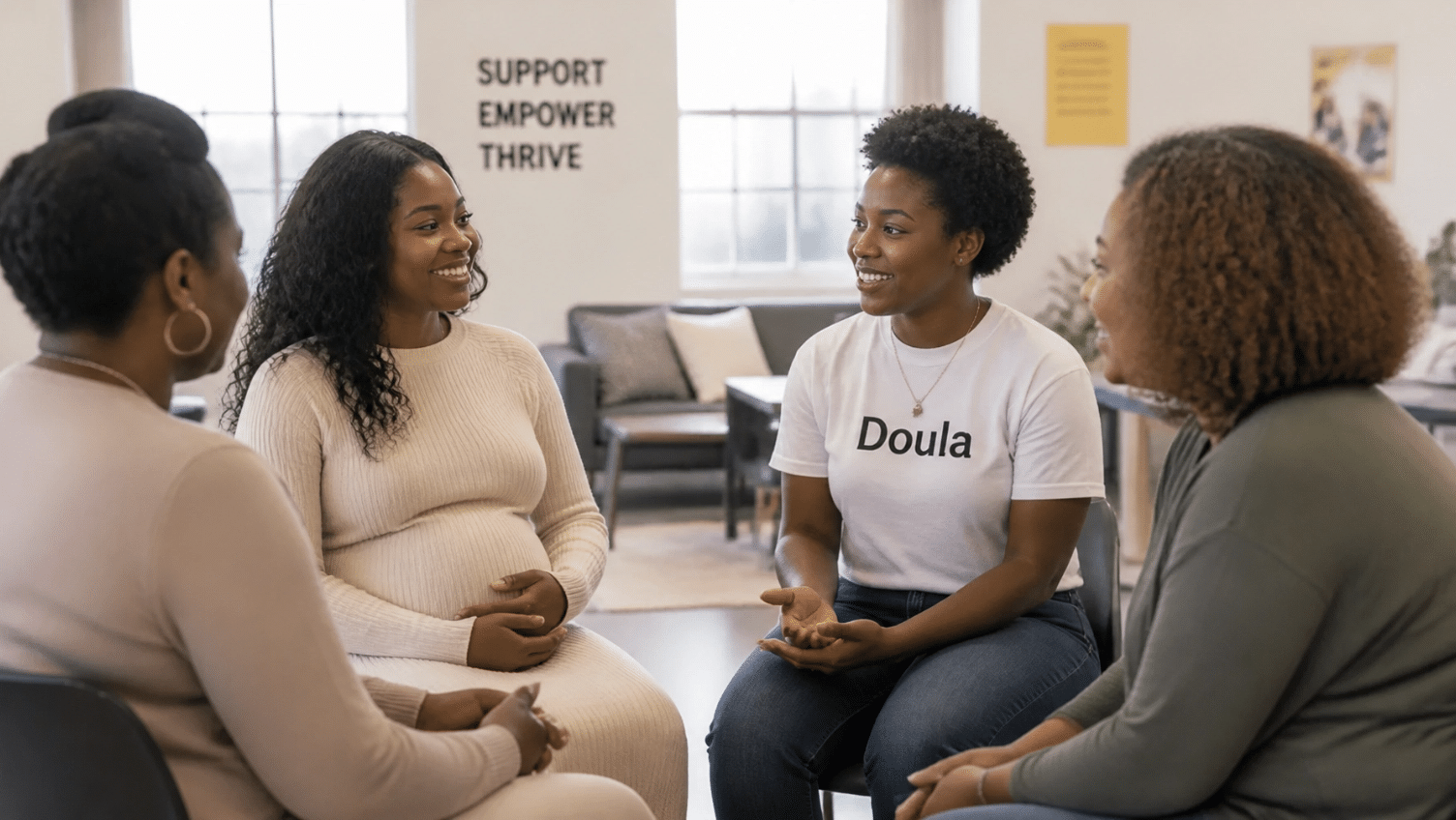 A group of black women who are preganant and a doula