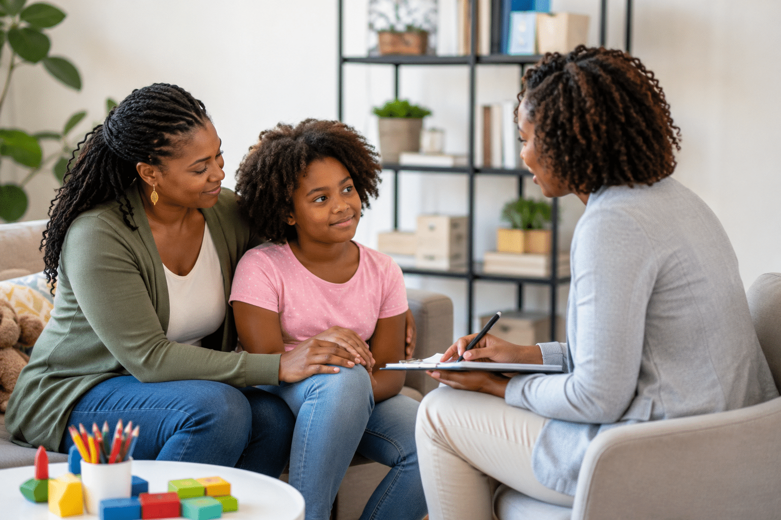 A caring black mother comforts her daughter on a sofa while a culturally responsive therapist takes notes during a family autism support session.