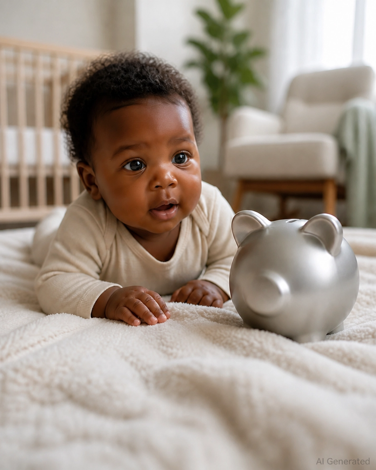 Black baby looking at a silver piggy bank illustrating the trump account $1,000 seed money opportunity for black families building generational wealth