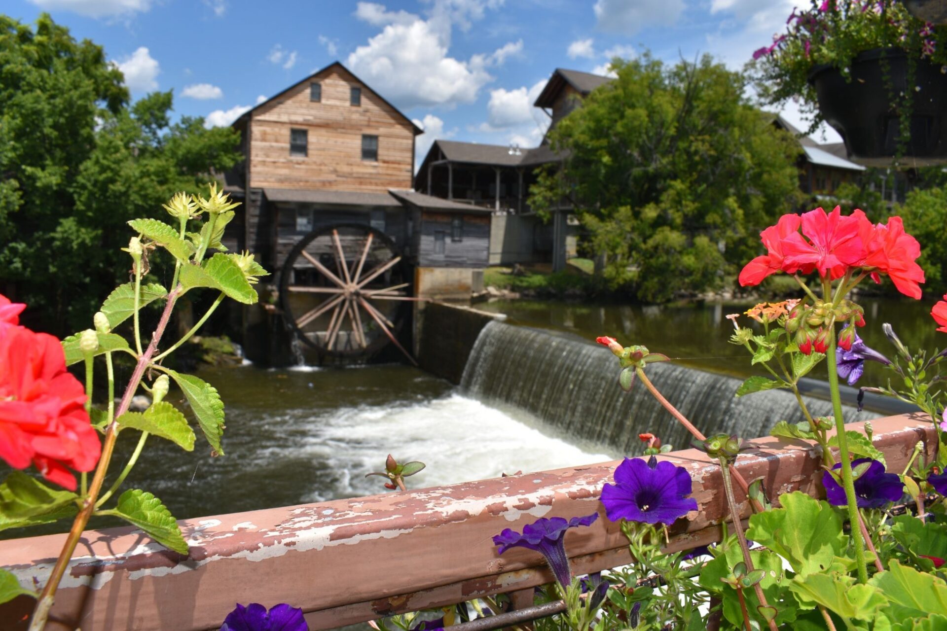 Historic smoky mountains watermill and waterfall during a stress-free pigeon forge family trip with colorful flowers and scenic tennessee views.
