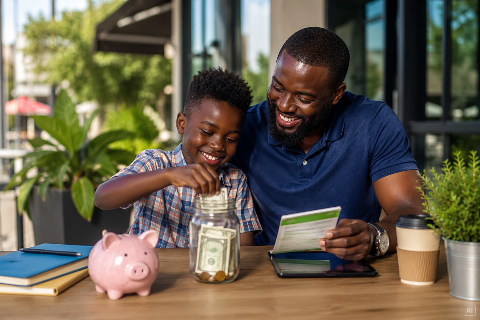 Dark-skinned black father teaching his son financial literacy by setting up a bank account for kids and practicing smart saving habits together at an outdoor café.