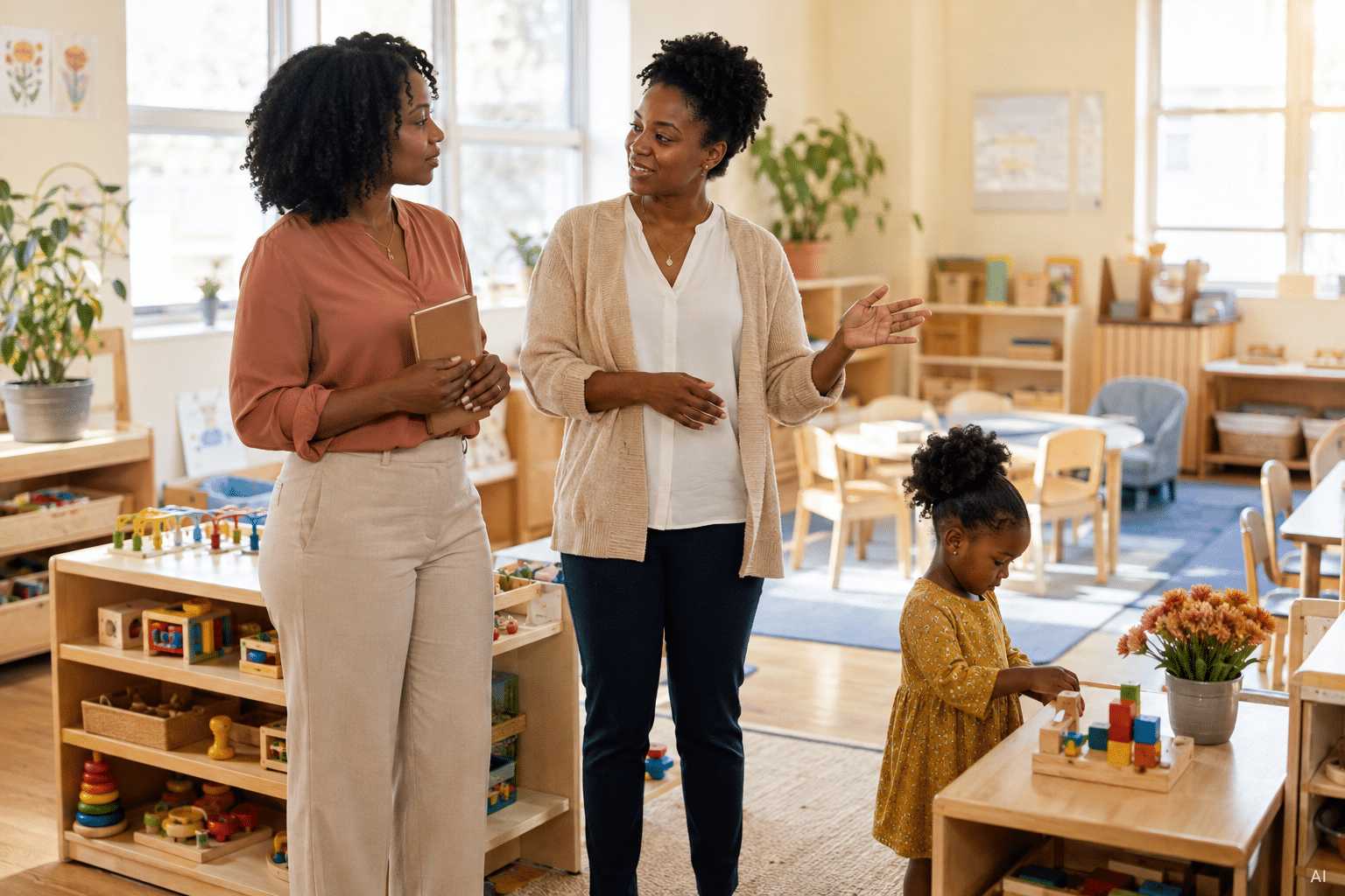 Black mother asking questions every parent should ask before enrolling in daycare while touring a classroom with her preschool-age daughter and a daycare teacher.