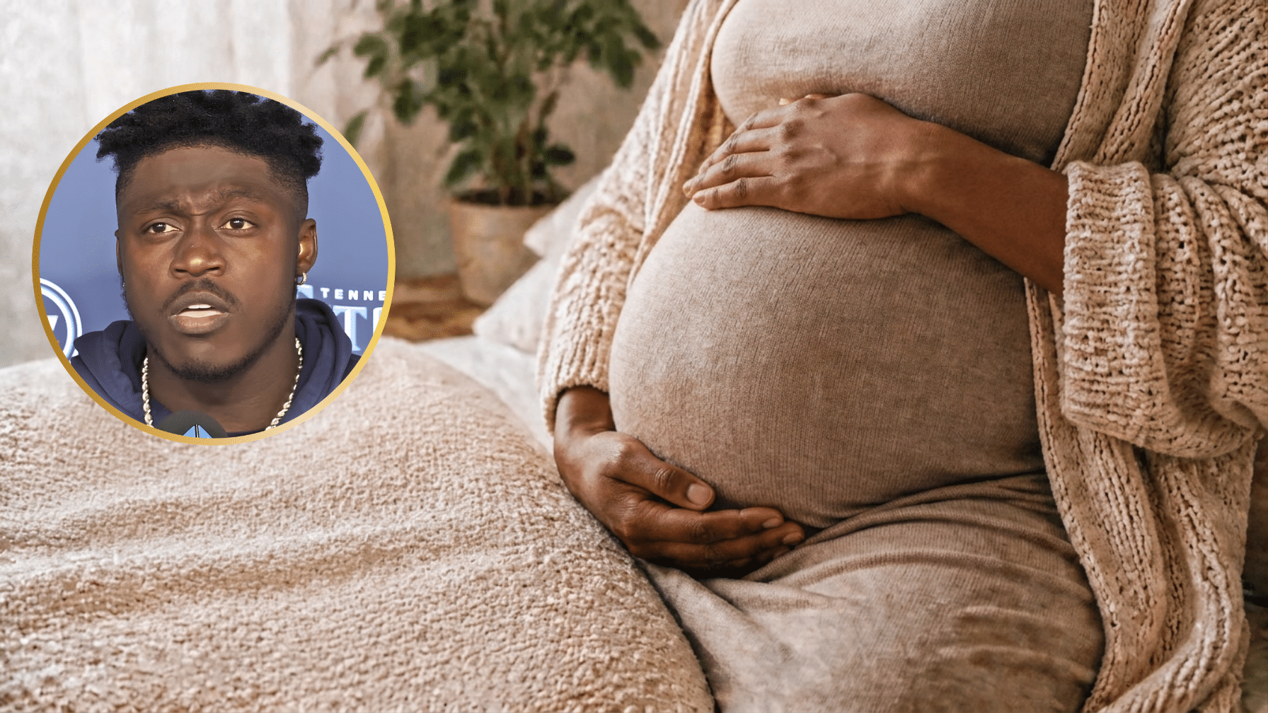 A. J. Brown and kelsey brown pregnancy news about their growing family with a new baby is illustrated with a. J. Brown beside a pregnant black mother cradling her baby bump.