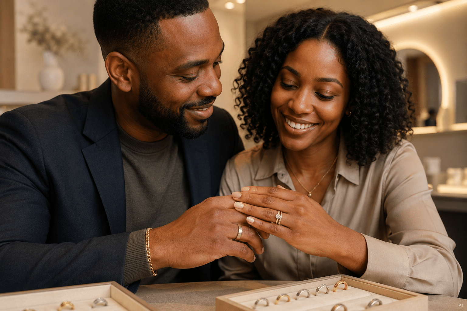 A realistic, sophisticated editorial photograph of a joyful black couple shopping for wedding rings in a contemporary jewelry studio. Their hands and modern mixed-metal, textured and stackable rings are in sharp focus, with their affectionate expressions visible behind them. Warm natural lighting, authentic brown skin tones, elegant but attainable jewelry, uncluttered horizontal composition, magazine-quality photography, no brands or headline text, and a very small ai watermark in the bottom-right corner.