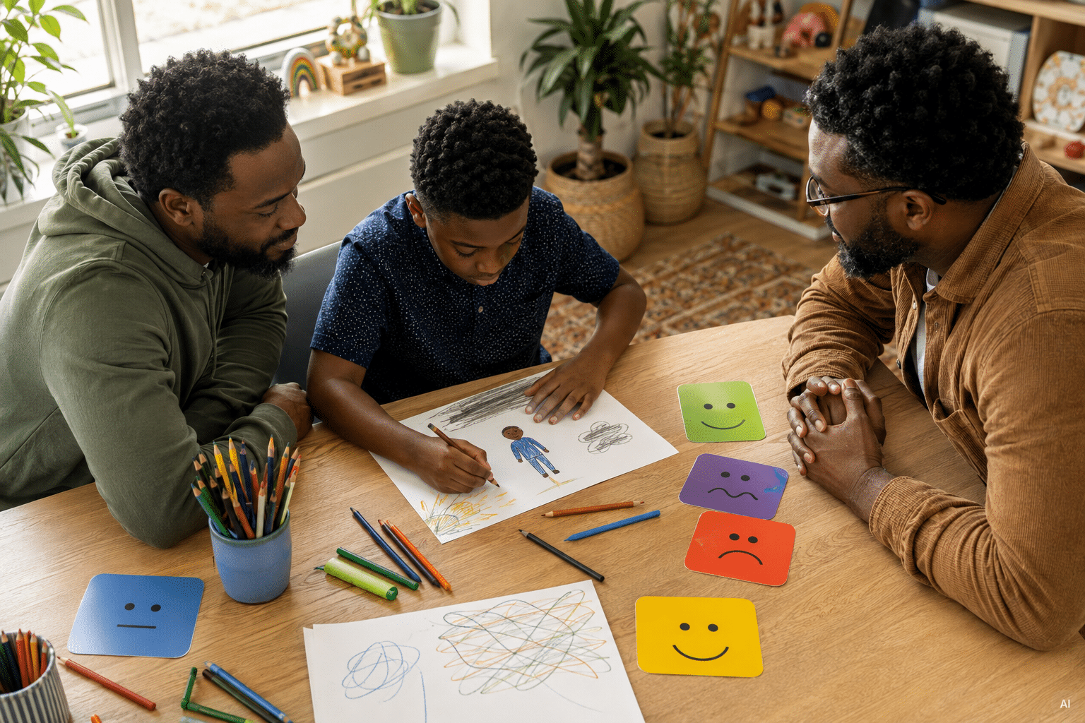 Child and teen counseling through art therapy with a black preteen boy, his supportive father, and a black male counselor using emotion cards.
