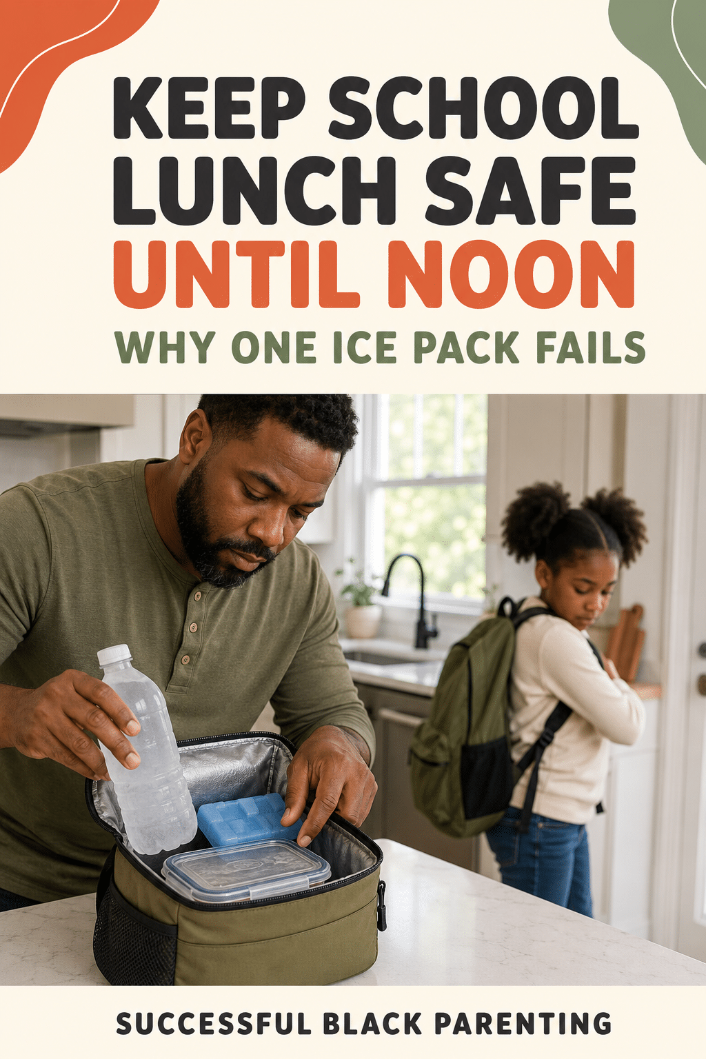 Black father packs an insulated school lunchbox with a frozen water bottle and ice pack as his daughter prepares for school, with text reading, “keep school lunch safe until noon: why one ice pack fails. ”