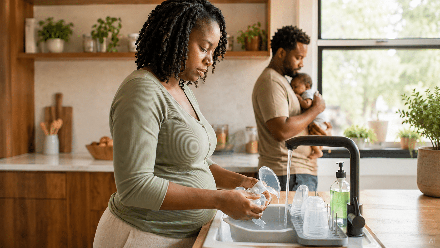 Black mother washing breast pump parts safely in the kitchen while her partner holds their baby nearby.