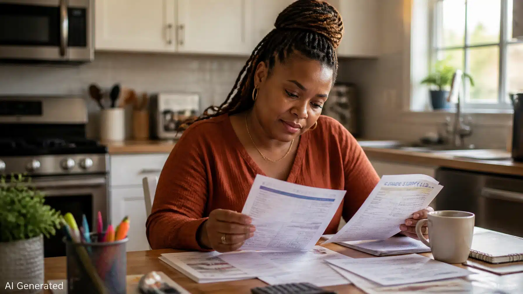 Black mother reviewing household bills and school expenses at her kitchen table while planning how to avoid back-to-school debt.