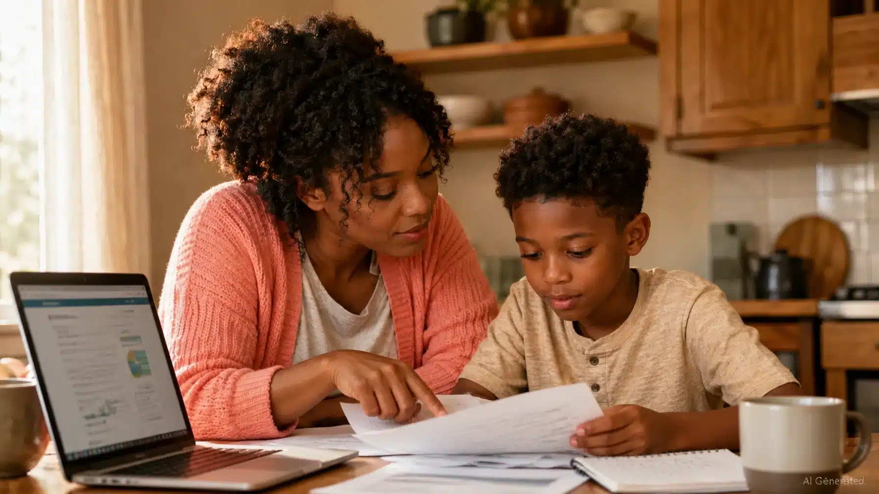 Black mother and son reviewing school information together while making a black parents school choice based on ratings, resources, and belonging.