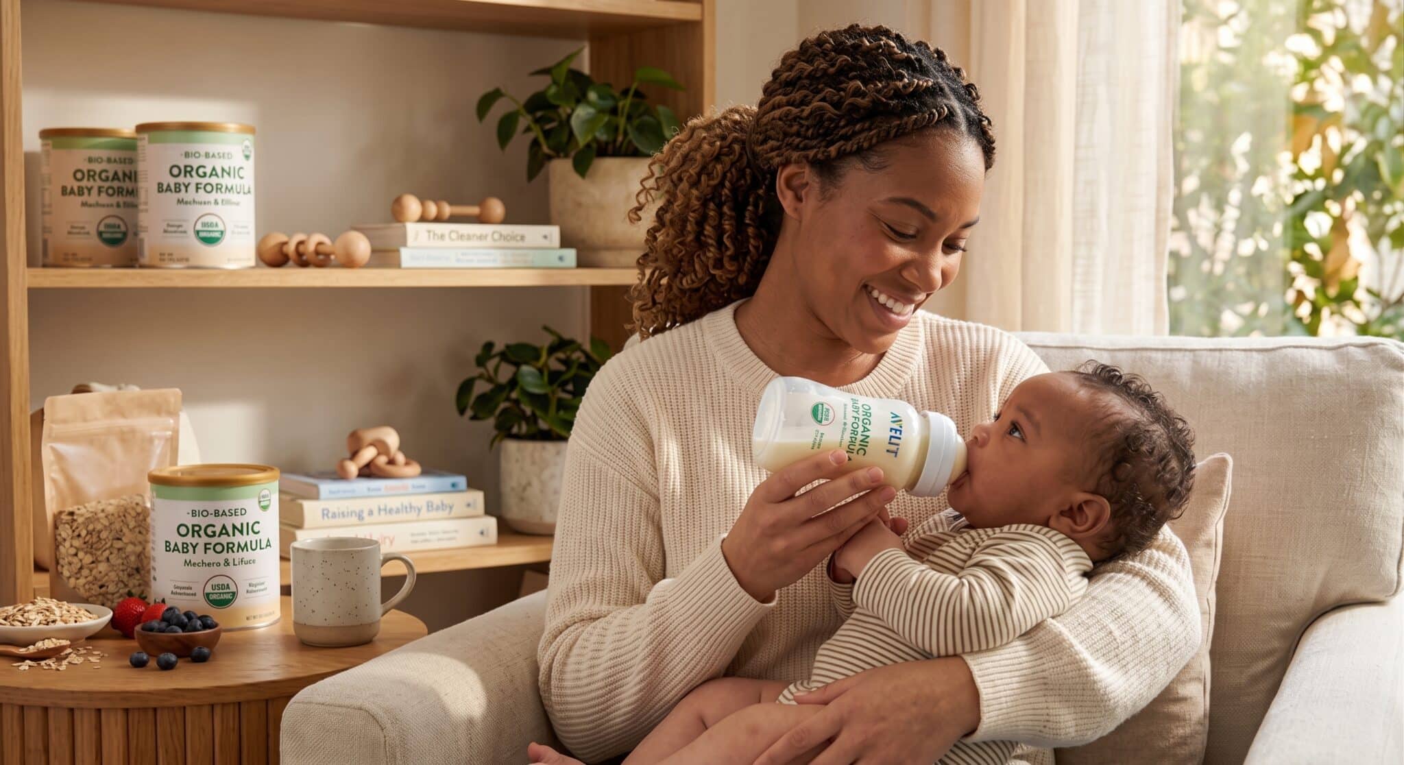 African american mother smiling as she holds and feeds her baby using organic baby formula in safe baby formula packaging during a relaxed mixed feeding session.