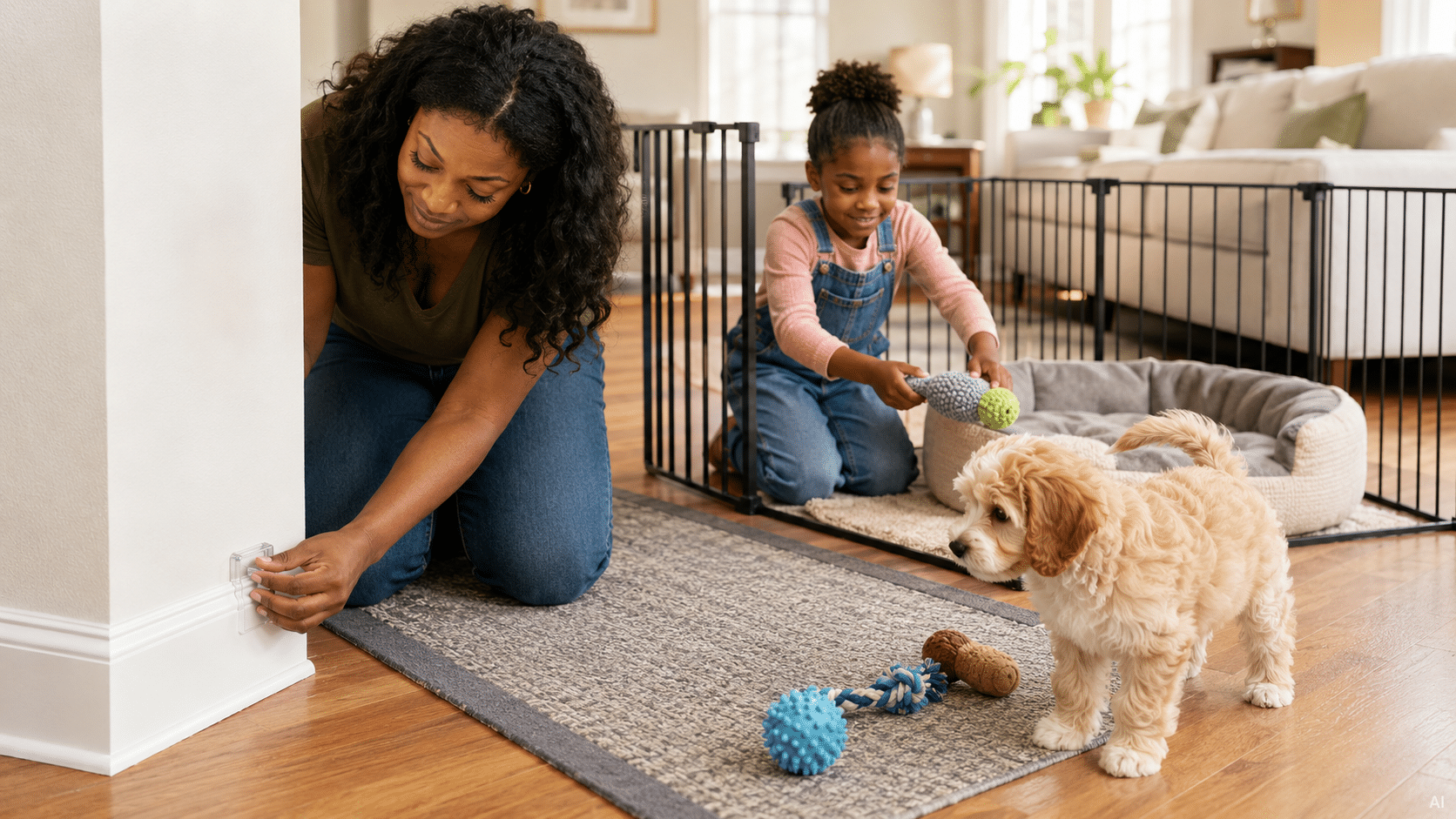 Black mother and daughter puppy-proofing floors and baseboards before bringing a doodle puppy home, using a washable rug, trim guard, playpen, and chew toys.