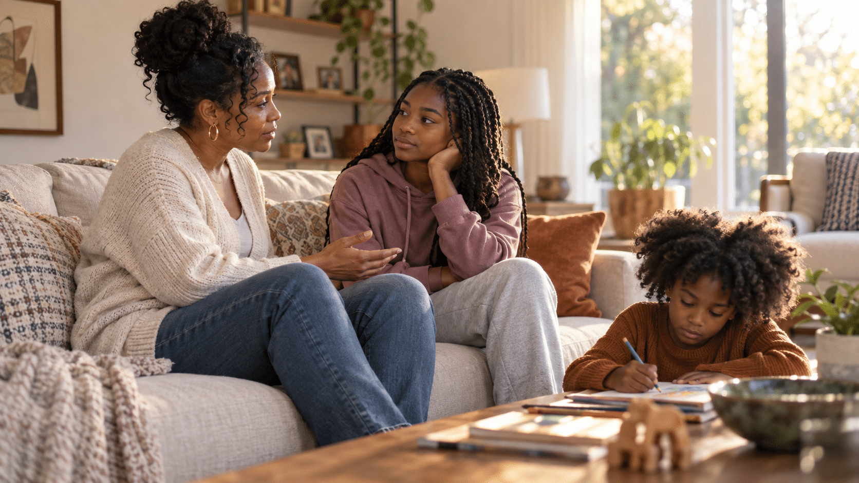 Black mother and teenage daughter practicing healthy family communication during a calm conversation at home while a younger child draws nearby.