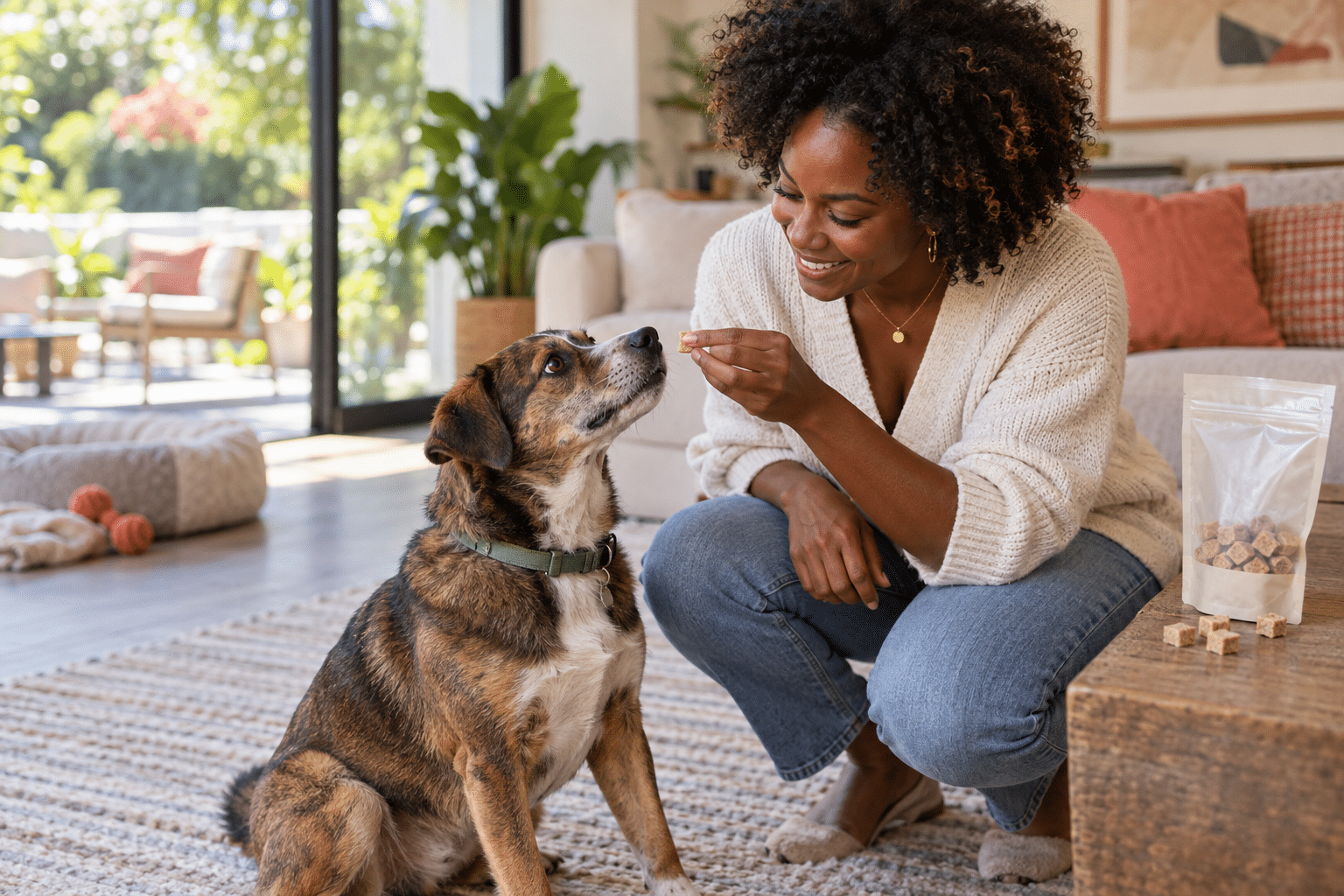 An african american dog parent uses freeze-dried dog treats as healthy dog training treats while rewarding her attentive dog at home for an article about why are freeze-dried treats becoming a favorite among dog parents?