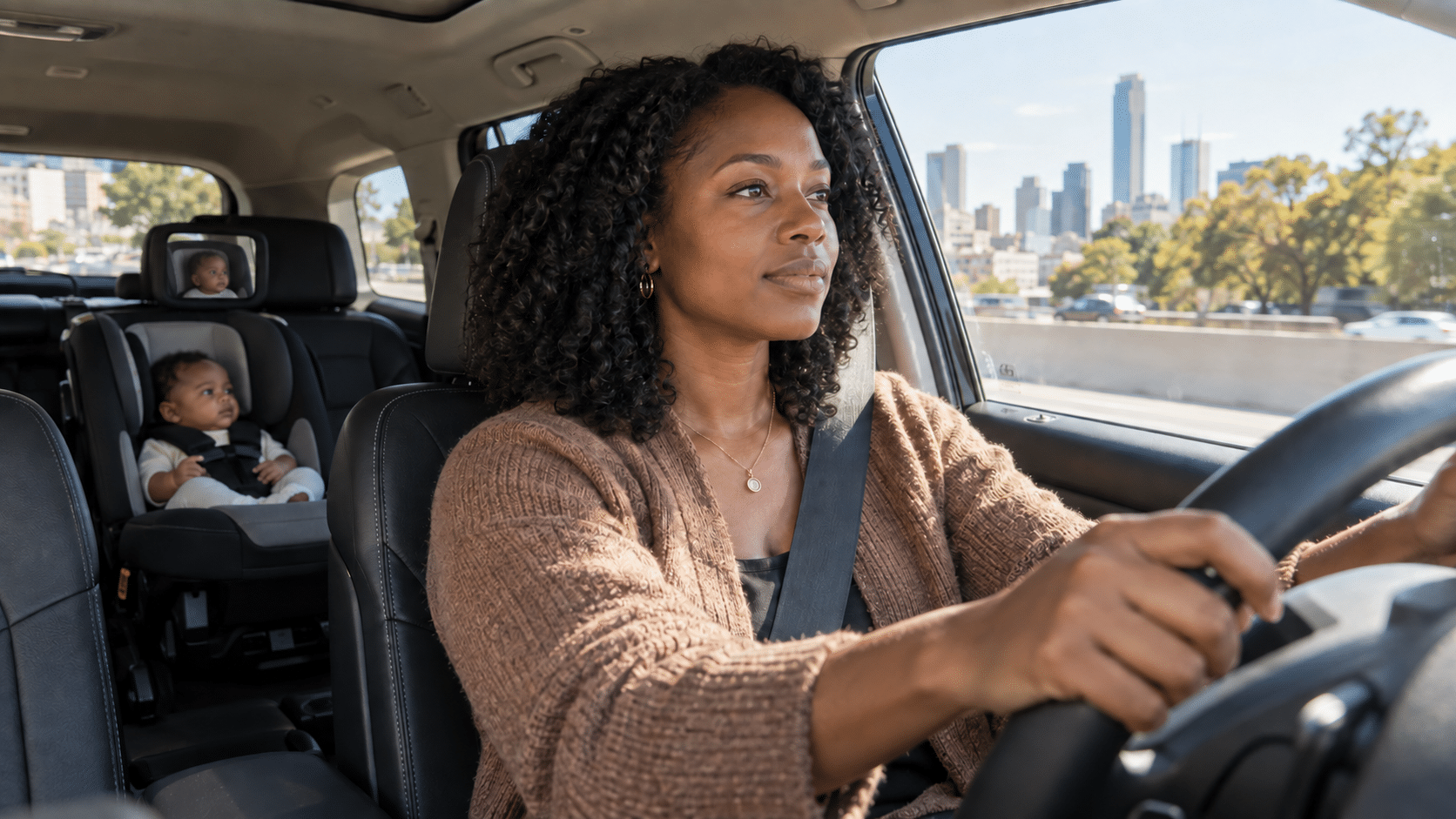 Rear-facing baby car seat safety for a black mother using a baby car mirror while avoiding distracted driving with a baby.