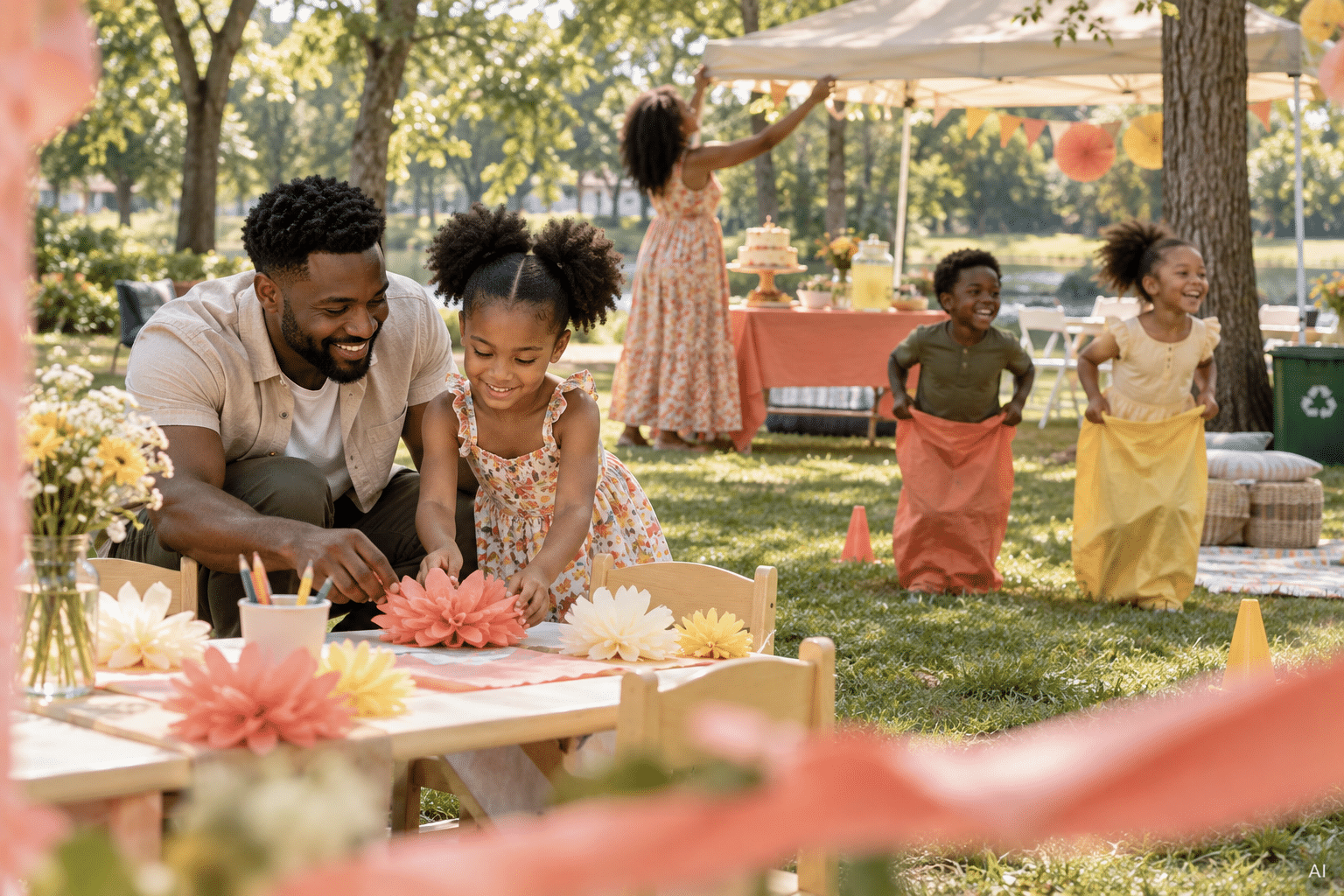 Black father and daughter decorating an outdoor birthday party while children play games and family members prepare a shaded celebration area.