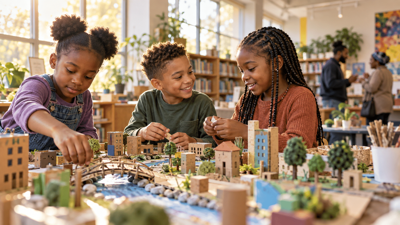 Black children build a miniature city together at a library workshop, showing how community recreation for children creates connection beyond sports.