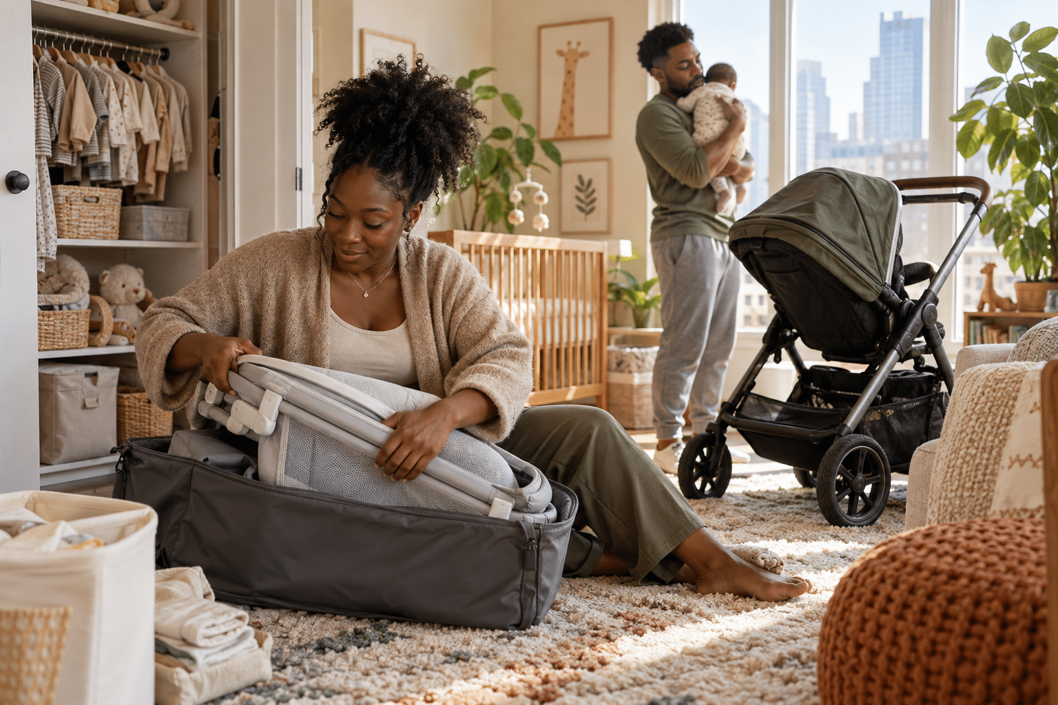 Black parents pack a bassinet for return beside a stroller, showing how to rent baby gear safely through baby gear rental services.