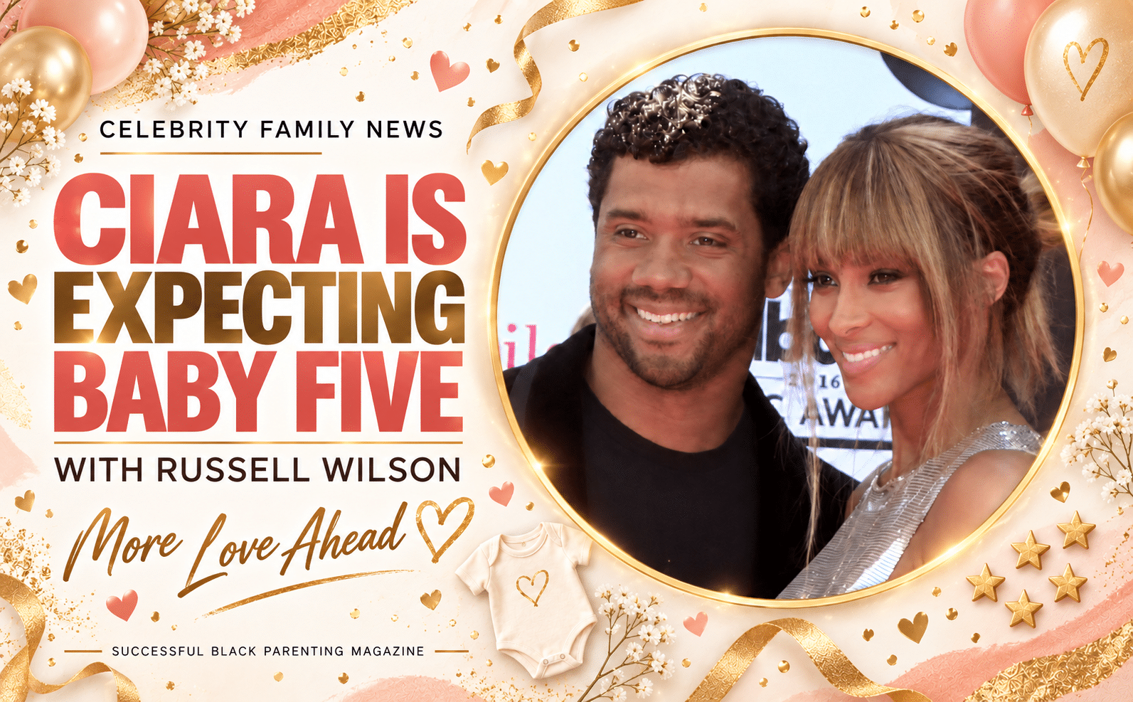 Ciara and russell wilson celebrate expecting baby five in a joyful celebrity family pregnancy announcement graphic.