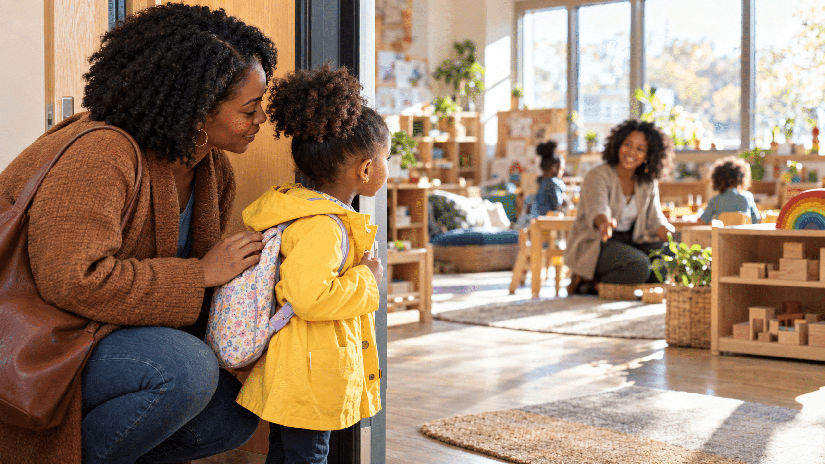 Black mother reassures her preschool-age daughter during a first daycare visit in a warm, sunlit green bay classroom.