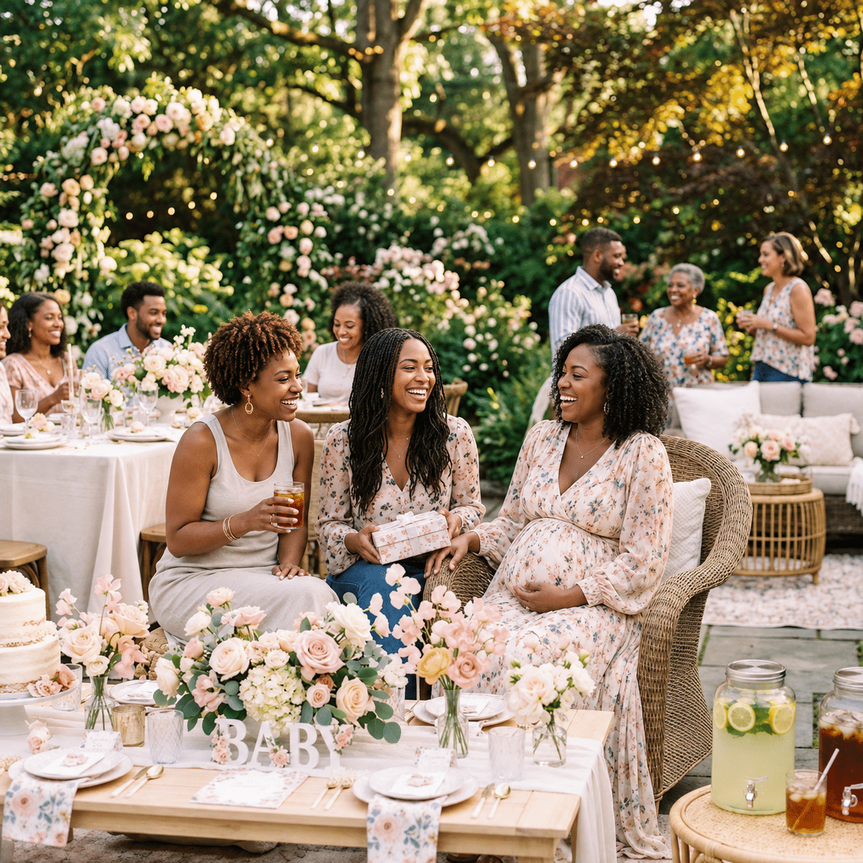 African american mom-to-be celebrating her outdoor baby shower with friends amid pink flowers, garden greenery, and string lights.