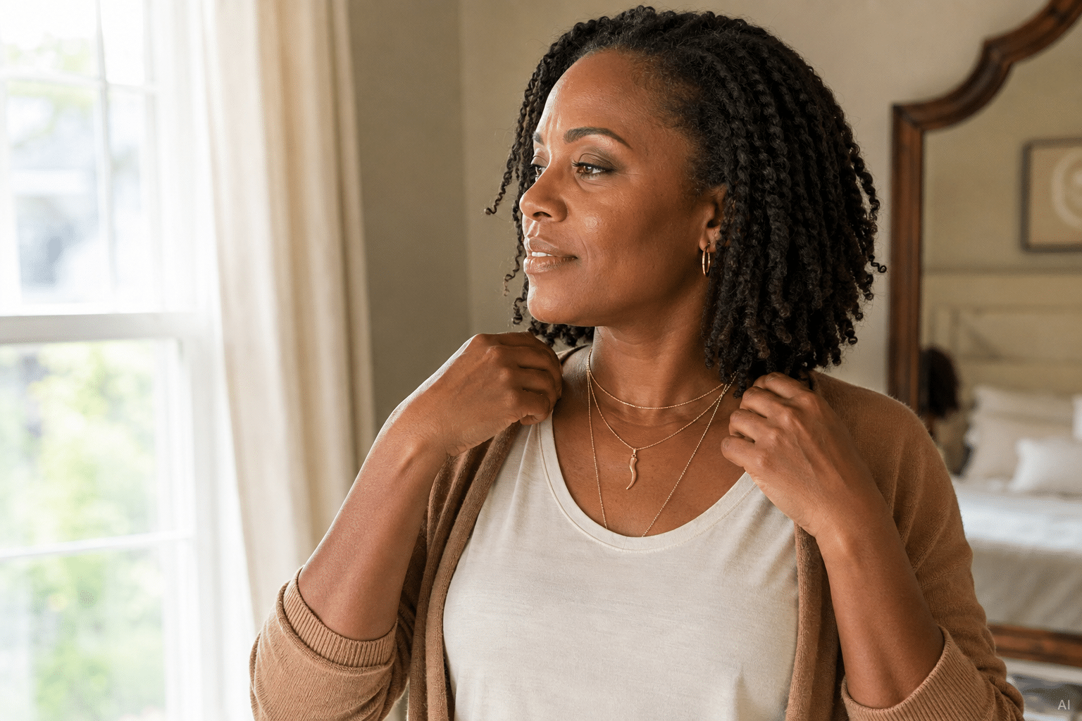 Black mother wearing an italian horn necklace with layered necklace styling that highlights cornicello meaning and elevates a simple outfit.