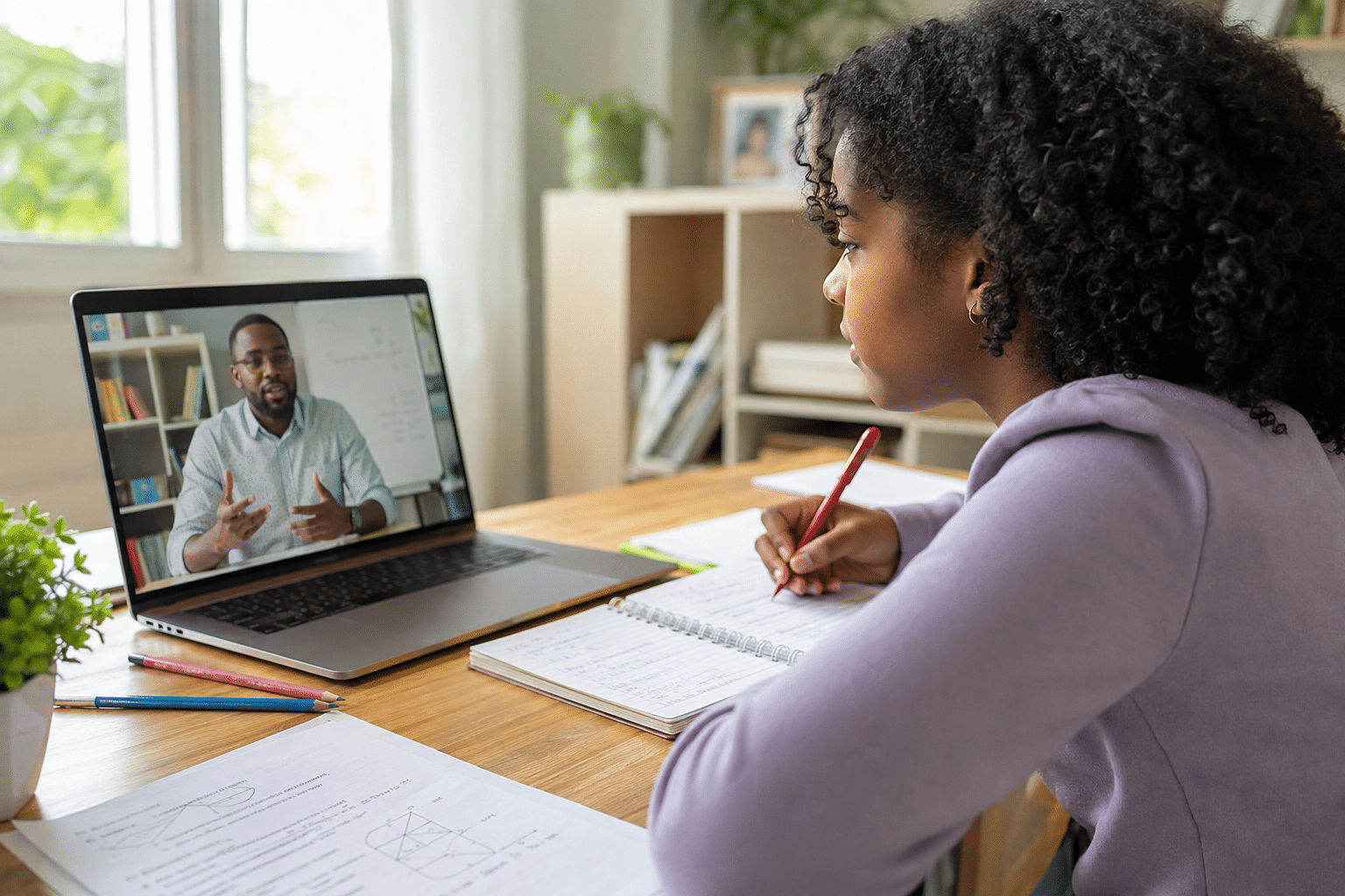 Black teenage student taking notes during a live online class, illustrating online learning for teens in a flexible learning environment.