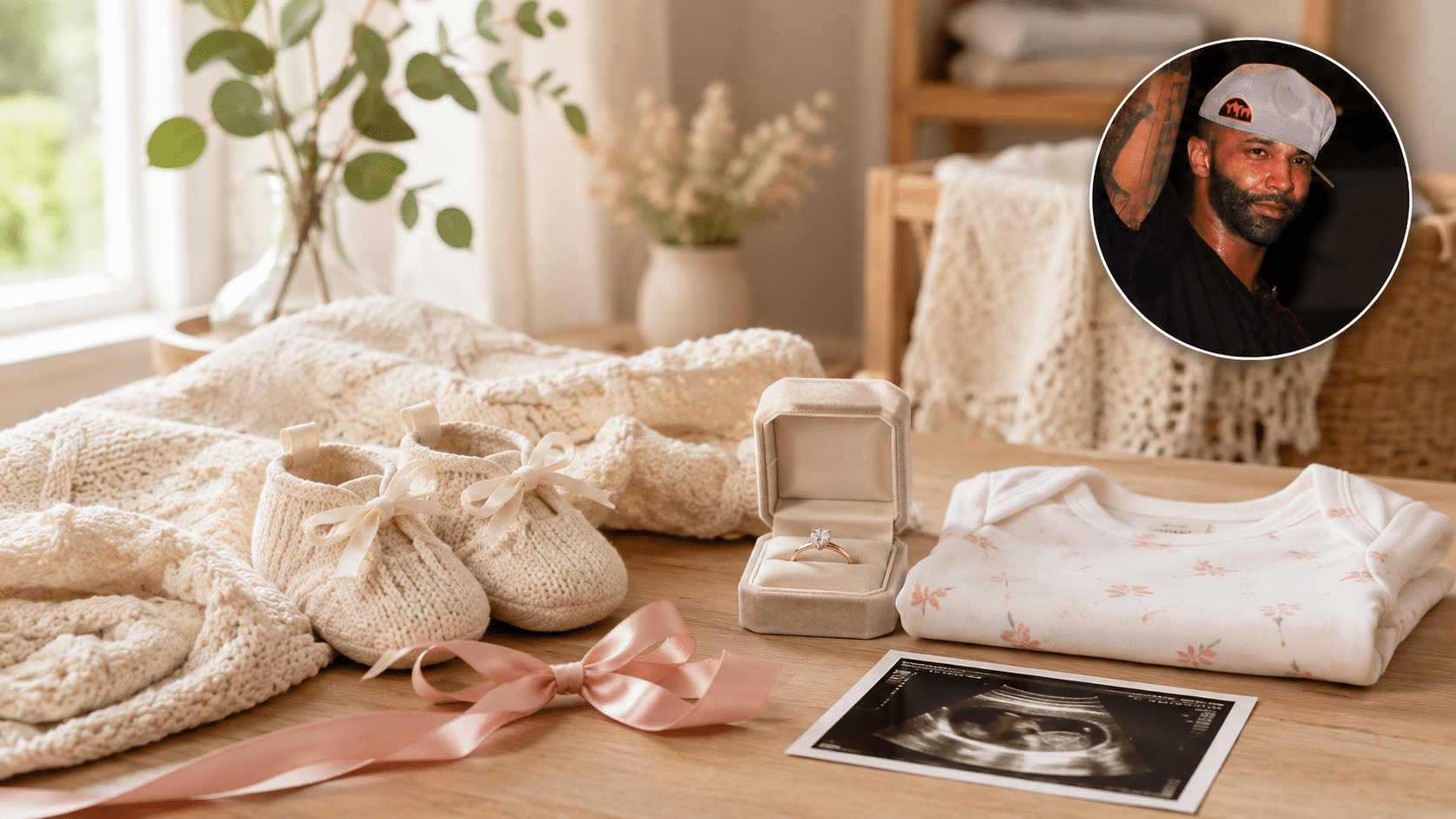 Joe budden baby girl feature image with baby clothes, an engagement ring, an ultrasound photograph, and joe budden in a circular inset