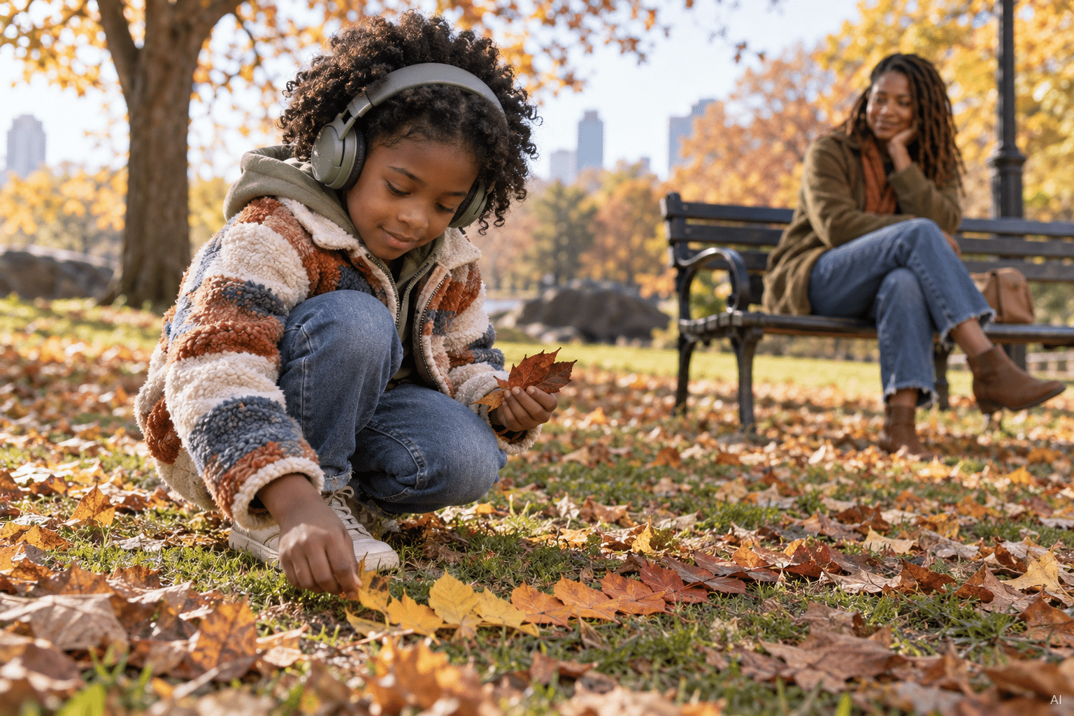 Black girl with neurodiversity playing in the fall leaves with joy