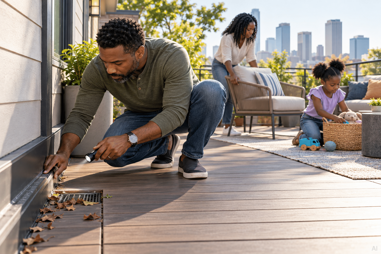 Black father performing rooftop deck maintenance while his family organizes their outdoor space, improving rooftop deck safety and checking for signs that may require roof deck repair.