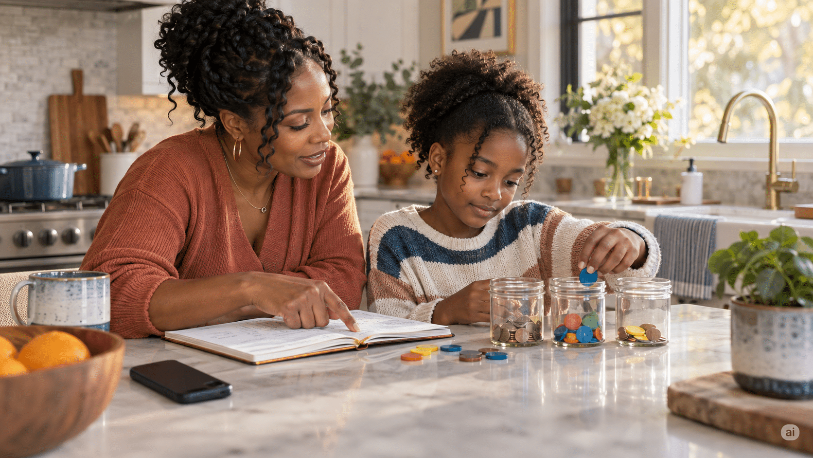 Black mother and daughter learning financial education for kids by sorting savings, spending, and goal-setting tokens at their kitchen table.