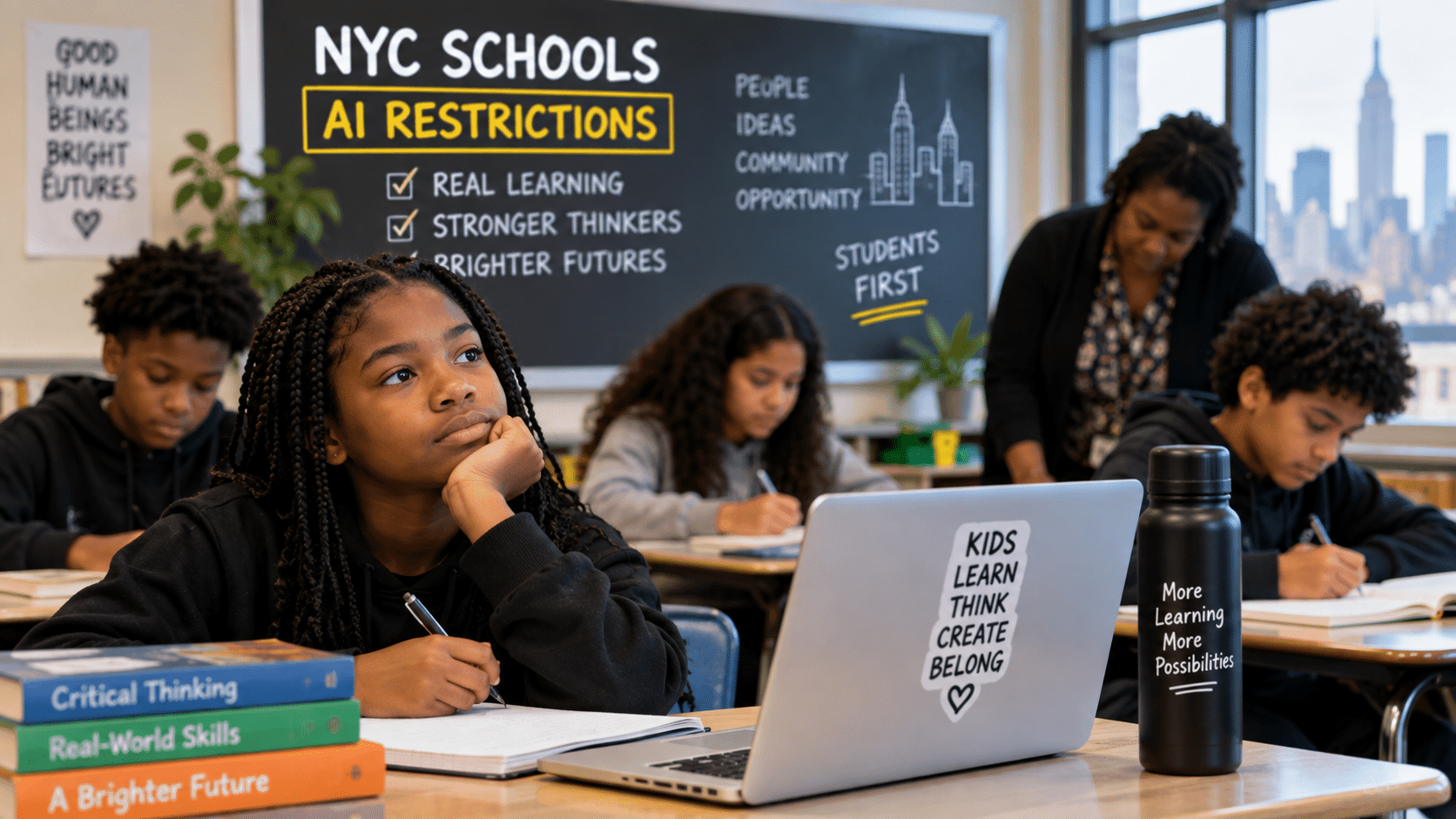 Black middle school students in an nyc classroom learning without generative ai under the new nyc schools ai ban policy.